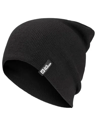 Jack Wolfskin Unisex Rib Beanie-Mütze, Black, One Size - Klassische Rippstrickmütze für den Winter, leicht und bequem mit nur 85 g. Perfekt für kalte Tage und ausgestattet mit dem Jack Wolfskin Logo.