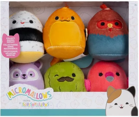 Squishmallows Micromallows 6er-Pack Gurke, Aal, Flamingo, Hahn, Sushi, Lemur
