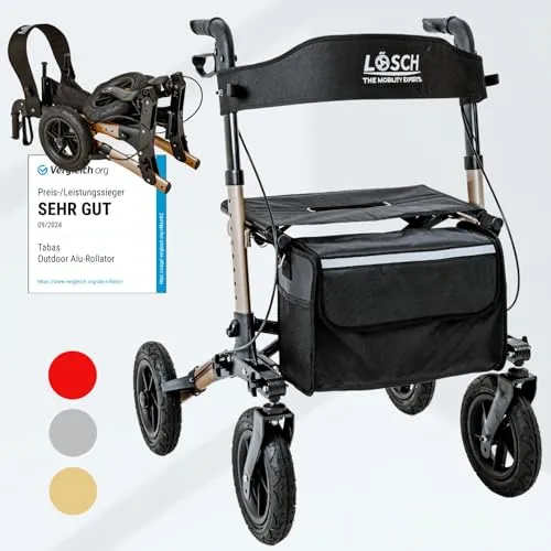 Lösch Reha Mobility Rollator faltbar & leicht mit Sitz - Leichter Rollator für Senioren, 3-fach faltbar und ideal für Outdoor-Aktivitäten. Mit luftbereiften Rädern, Sitzfläche und Rückengurt für komfortable Pausen.