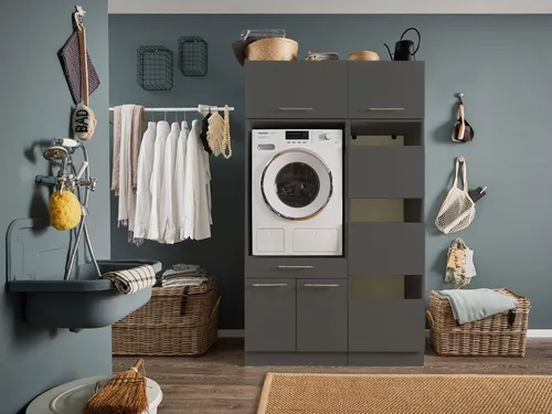 LAUNDREEZY Waschmaschinenschrank - TÜV-zertifiziert mit viel Stauraum - Podeste & Rahmen für Waschmaschinen, bietet Platz für eine Waschmaschine und verfügt über eine Softclose-Funktion für einfachen Zugriff auf den Stauraum.