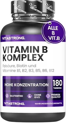Vitastrong Vitamin B Komplex Hochdosiert Vitastrong, 1 Tablette pro Tag, 180 Tabletten Vitamine B-Gruppe Biotin, Thiamin Vitamin B1 Riboflavin B2, B3 Niacin, B5 Pantothensäure, Vitamin B6 B12 Folsäure