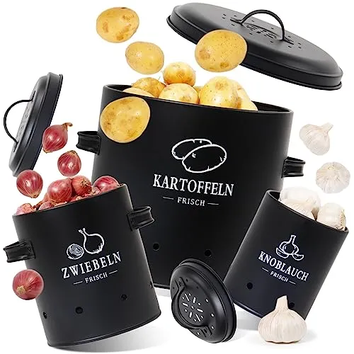 Theo&Cleo Premium Kartoffel Aufbewahrungsbox 3er Set - Vorratsdosen für Kartoffeln, Zwiebeln und Knoblauch mit 360° Luftzirkulation, langlebigem Stahlblech und klassischem Retro-Design, hält Gemüse länger frisch.