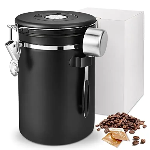 Miiepls Miepls Luftdichte Edelstahl Kaffeedose, Vakuum Kaffeedose, 1,8 L KaffeebohnenbehäLter Mit EdelstahllöFfel Und Zeiterfassungsaufbewahrung, für Tee NüSse Kakao LäNger Und Frisch Bleiben