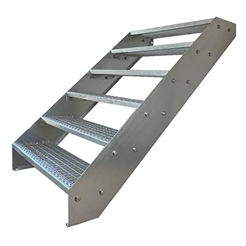 Kaminbau Mierzwa Außentreppe Premium Treppe Verzinkt, 6 Stufen für Geschosshöhen bis 114 cm - Wetterfeste Stahltreppe mit rutschfesten Gitterroststufen, ideal für Garten und Terrasse. Leicht montierbar und in verschiedenen Breiten erhältlich.