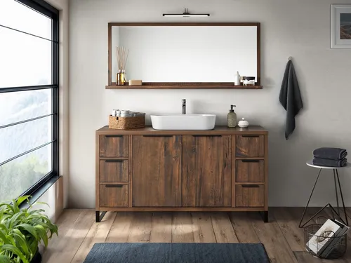 massivum Waschtisch-Set Sydney aus massivem Pinienholz, 138cm - Elegantes Waschtisch-Set für Ihr Badezimmer, individuell anpassbar ohne vorgebohrte Löcher. Inklusive 2-türigem Waschtisch und Spiegel, ideal für stilvolle Gestaltung.
