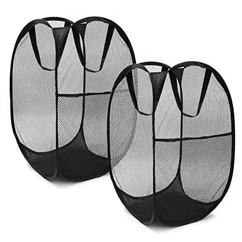Wäschekörbe, 2er-Pack schwarze Wäschekörbe, Pop-Up-Wäschekorb mit großem Fassungsvermögen, faltbarer Netz-Wäschekorb mit Griffen zur Aufbewahrung von Kleidung, Spielzeug im Schlafzimmer, Badezimmer