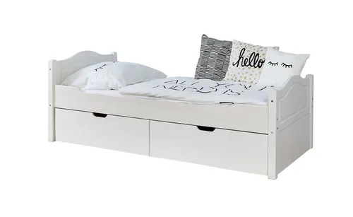 TiCAA Einzelbett Leni 90x200 Kiefer Weiß - Betten aus massivem Kiefernholz mit optionalen Schubkästen für zusätzlichen Stauraum, ideal für kleine Räume.