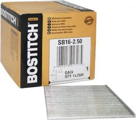 Stauchkopfnägel 65mm verzinkt - Bostitch 16GA - Nägel für Leistenbefestigung und Innenausbau, 2500 Stück in der Verpackung, kompatibel mit vielen gängigen Geräten wie Bosch, Makita und Paslode.