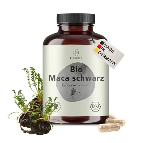 BIONUTRA© Bio Maca Schwarz Kapseln, 270 Stück à 700 mg hochdosiert, vegan & ohne Zusätze, Rückstandskontrolliert, Deutsche Herstellung aus schwarzem Maca Bio Pulver