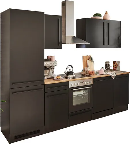 Jazz 8 Küchenzeile in Schwarz matt mit Lanzelot Eiche Optik – Geräumige Einbauküche 280 x 211 x 60 cm - MODERNES DESIGN - Die Küchenzeile vereint elegante schwarze Fronten mit einer warmen Lanzelot Eiche-Optik. VIEL STAURAUM - Clever gestaltete Fächer sorgen für Ordnung. EINFACHE MONTAGE - Mit detaillierter Anleitung schnell aufzubauen. Ideal für jede Küche!