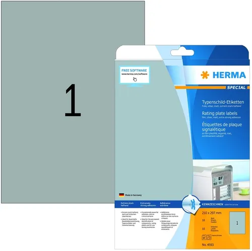 HERMA Etiketten Folie Typenschild silber 210x297mm A4 - Selbstklebende Etiketten aus robuster Polyesterfolie im A4-Format, ideal für Typenschilder und Inventarisierung. Wetterfest und reißfest – perfekt für anspruchsvolle Anwendungen.