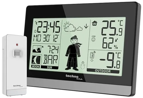 Technoline WS9612 - Moderne Wetterstation in Schwarz, edles Design mit Wettervorhersage und vielseitigen Funktionen für Zuhause