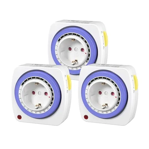 HBN 3X Mechanische Zeitschaltuhr mit 96 analoge Schaltsegmente(15 Min), Mini Timer Steckdose mit Kindersicherung, 24 Stunden, Dauern/Auto On&Off Funktion 16A/3.680W