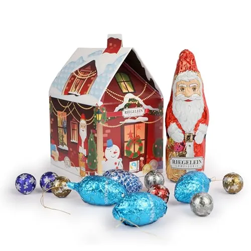 Riegelein Weihnachtshaus mit Schornstein 174g – mit Schokoladenfiguren – Vollmilch Weihnachten-Schokolade – Essbare Schoko Deko: Schokonikolaus, Schokokugeln & Pralinen einzeln verpackt