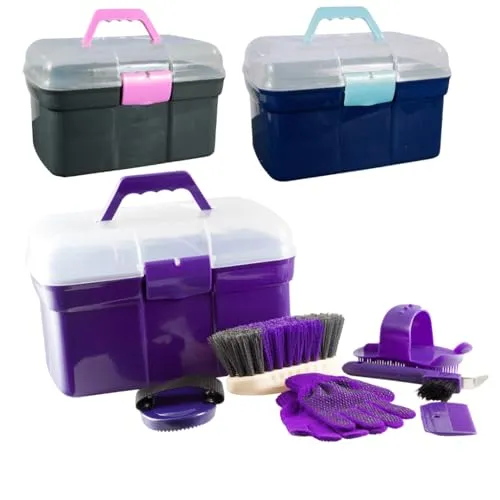 PFIFF 100576 Putzkiste mit Inhalt, Kinderputzbox, 6-teiliges Putzzeug für Kinder, Pferdepflege, Grau