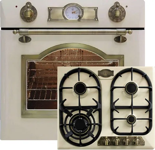 Kaiser Gas Herd Set EG 6345 ElfEm mit KG 6325 ElfEm - Energieeffizientes Gas-Kochfeld und Backofen in Elfenbein, autark und mit Grillfunktion. Ideal für moderne Küchen, bietet 4 Herdplatten für vielseitige Kochmöglichkeiten.