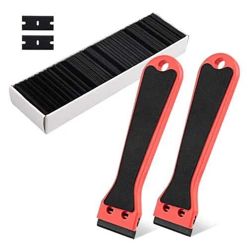 2er Set Kunststoff Schaber mit 100 Klingen – Langer Griff, ideal zum Entfernen von Aufklebern, Kleberesten und Etiketten, vielseitig einsetzbar (Rot)