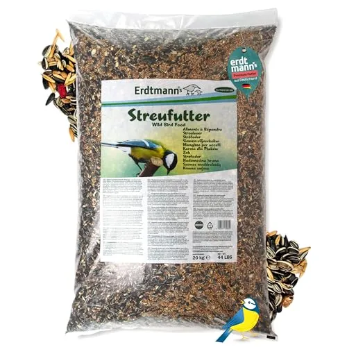 Erdtmanns Streufutter für Wildvögel – Energiebündel für Garten und Balkon (20 kg) - Hochwertige Futtermischung mit Sonnenblumenkernen und Hirse, ideal für die Ganzjahresfütterung heimischer Vögel. Perfekt für Futterhäuser und Bodenfütterung, sorgt für eine ausgewogene Ernährung.