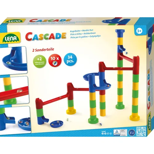 Lena 65289 Cascade Kugelbahn Curve - Baukasten mit 32 Bahnelementen und 10 Glasmurmeln, fördert Motorik und Kreativität für Kinder ab 3 Jahren