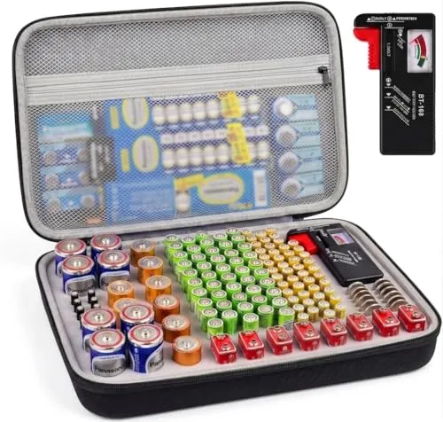 Batteriebox Aufbewahrung Batterien Tasche Case Variety Pack Organizer Batteriekasten mit Tester hält 140+ AA, AAA, C, D, 9V, cr1632, cr2016,Lithium 3V Knopfbatterien Caddy Container (Grau)