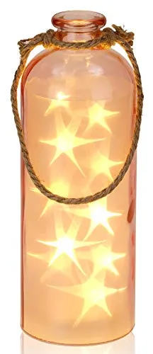 BRUBAKER Lichterflasche mit 10 LED Sternen zum Aufhängen 11 x 31,5 cm Rosa