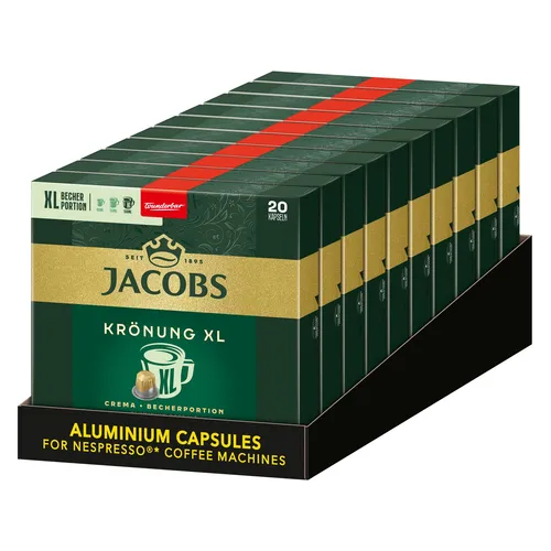 JACOBS Kapseln Krönung Crema XL für Nespresso® – 200 Kaffeekapseln - Genießen Sie 200 Kaffeekapseln mit dem vollmundigen Geschmack der Krönung Crema. Ideal für Nespresso®-Systeme und perfekt für den täglichen Genuss.
