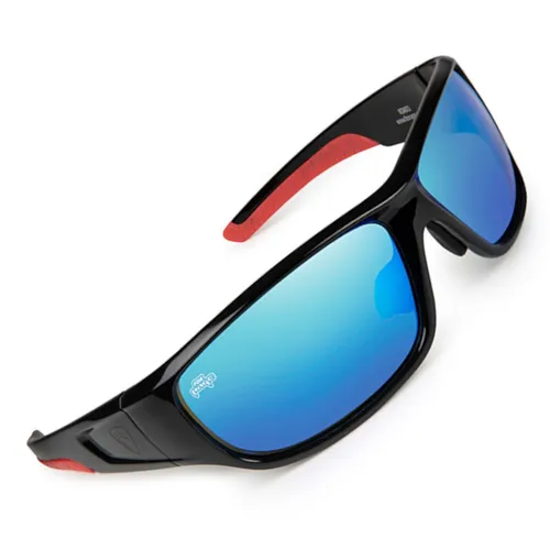 Fox Rage Shield Wraps Brown Lense Mirror Blue - Polarisationsbrille für Angler mit UV-400 Schutz und breitem Wrap-Stil-Rahmen, reduziert Blendung und erhöht Sicht im Wasser.
