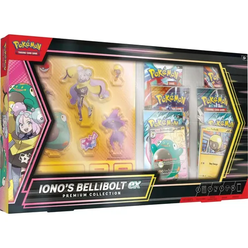 Pokémon TCG: Iono's Bellibolt ex Premium Collection - Sammelkartenspiele: Enthält 1 Fullart Foil-Promo-Karte, 6 Boosterpacks und 7 Acrylständer – ideal für Sammler und Spieler!