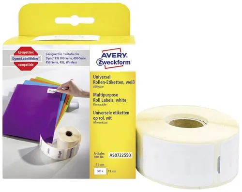Avery-Zweckform Etiketten Rolle Kompatibel ersetzt DYMO 11355, S0722550 19 x 51mm Papier Weiß 500 St. Wiederablösbar