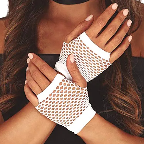 Amakando Knallige Fingerlose Damen-Handschuhe/Weiß/Disco Handstulpen neonfarben/EIN Blickfang zu Karneval & 80er-Party