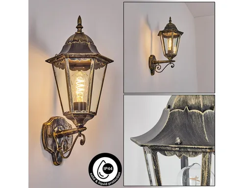 hofstein Außen-Wandleuchte Außenwandlampe aus Metall/Glas in Schwarz/Goldfarben/Klar, ohne Leuchtmittel, Wandleuchte außen im Retro/Vintage/Antik/Landhaus-Design, E27, IP44