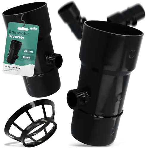 Millto™ Regensammler Dachrinnenablauf für Regentonne DN Ø90 mm 1'' AG Schwarz | Wasserfänger Wassersammler Regenwasser Fallrohr Regenwassersammler Fallrohrfilter Gartenschlauch Anschluss