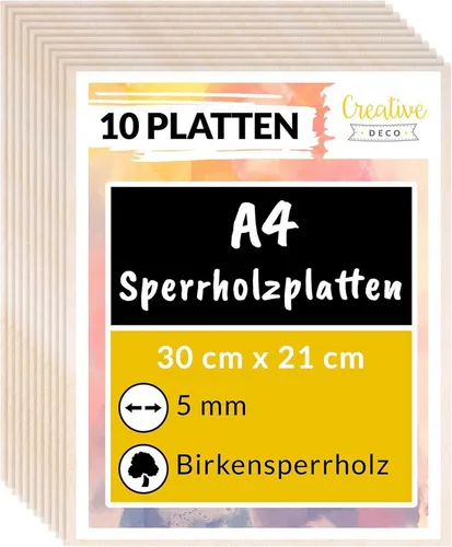 Creative Deco Sperrholzplatte 5mm - 10-tlg. Bastelnaturmaterial - Ideal für Laubsäge, Brandmalerei und Laserschnitt. Hochwertige, handgeprüfte Platten mit abgerundeten Kanten für mehr Sicherheit und einfache Handhabung.