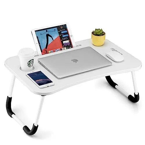 FISYOD Faltbarer Laptoptisch, tragbarer Schoßschreibtisch, Betttisch, Laptopständer mit Getränkehalter & Tablet-Schlitz & Hebegriff zum Arbeiten, Schreiben, Zeichnen und Essen (Weiß)