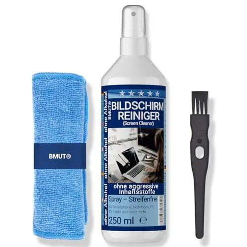 250ml Bildschirmreiniger Spray Set mit XXL Mikrofasertuch - Brillen-Pflegemittel – entfernt mühelos Fettflecken & Fingerabdrücke von allen Displays, inklusive Handys und Monitoren, ohne Alkohol.