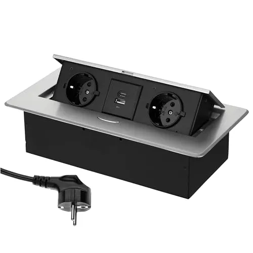 Versenkbare Aluminium Einbausteckdose 2-fach - USB-A und USB-C, elegant in Silber mit Soft-Technik für sanftes Öffnen und optimalen Komfort