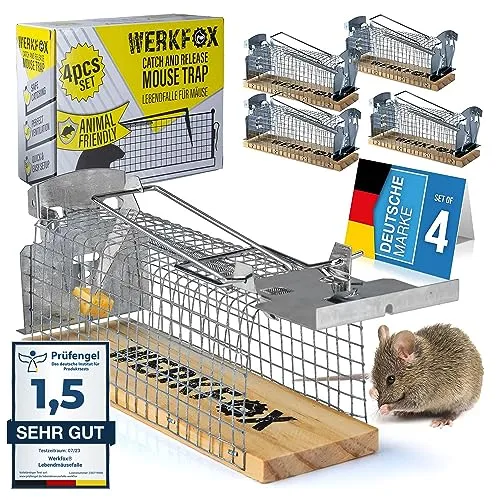 Werkfox® Mausefalle Tierfreundliche Lebendfalle; Lebend-Mäusefalle für Drinnen & Draußen; Humane Wühl-Maus Fang-Methode Wiederverwendbar & Sicher (4 Stück)