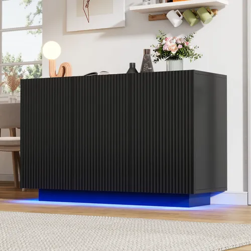 MODFU Sideboard,Kommode,BeistellschrankSchrank mit LED-LichtleisteAufbewahrungsschrank,moderner Wohnzimmerschrank,Buffetschrank,Schwarz