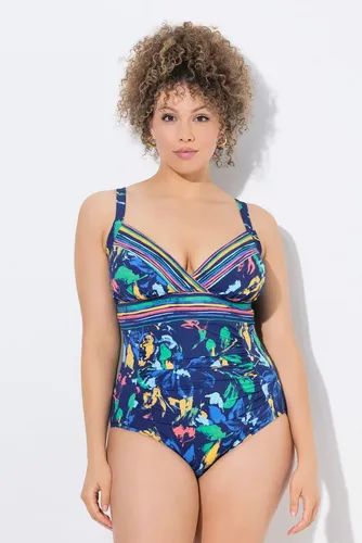 Ulla Popken Damen Badeanzug in Übergrößen mit Softcups und V-Ausschnitt - Badeanzug mit buntem Druck, Softcups und stützendem Unterbrustband. Ideal für den Strand und das Schwimmbad, bietet Komfort und Stil in großen Größen.