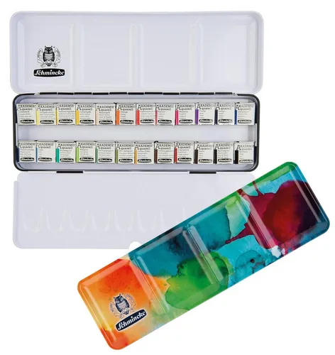 Schmincke Aquarellfarbe Akademie® Vollsortiment 24 x 1/2 Näpfchen, limitierter Metallkasten