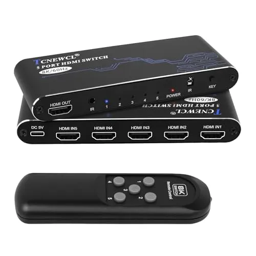 TCNEWCL HDMI Switch 5 in 1 Out, 8K/60Hz und 4K/120Hz HDMI 2.1 Umschalter, Selector Video Umschaltpulte mit IR Fernbedienung, für PS5/PS4/Xbox/Blu-Ray-Player/HDTV/DVD