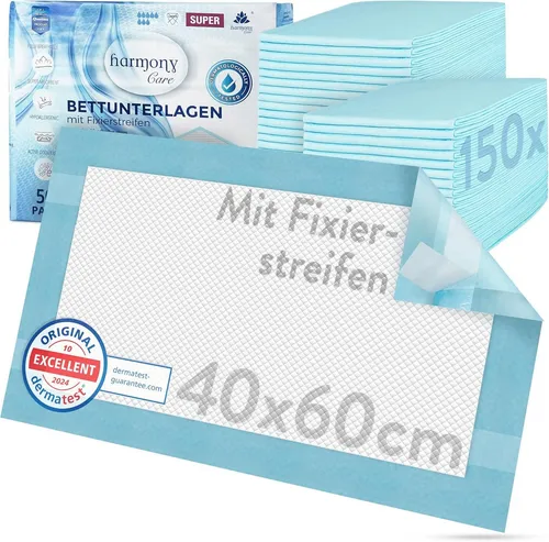 Inkontinenzauflage Bettunterlage mit Fixierstreifen, saugstarke Krankenunterlagen Harmony Care, rutschfeste Inkontinenzunterlagen einweg Nässeschutzauflage