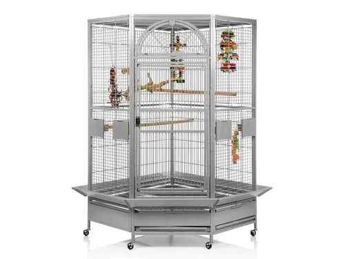 Montana Cages Eckkäfig Denver - XXL Papageienvoliere in hellgrau - Vogelkäfige - Hochwertige AVILON(R)-Pulverbeschichtung, ungiftig für Vögel, mit 4 Futternäpfen und Anflugklappe für perfekten Freiflug.