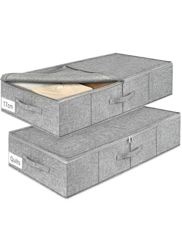 mepure Unterbett Aufbewahrungsbox, 2 Stück – 50L Faltbare Unterbettkommode mit Deckel & Doppelreißverschluss, Waschbare Unterbettbox für Kleidung, Decken, Bettlaken, Kissen, 76×38×17cm, Grau