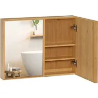 Kleankin Spiegelschrank mit 3 Innenböden Doppeltür Bambus Natur 65,2 x 14 x 50cm