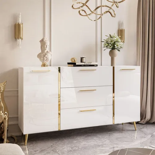 Kommode ONYX mit Schubladen auf goldenen Beinen - Moderne Kommode (158 cm) in Hochglanz Weiß mit eleganten goldenen Akzenten. Ideal zur Aufbewahrung und stilvollen Einrichtung Ihres Wohnzimmers.
