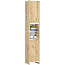 Raumhirsch Furniture Hochschrank Eiche Artisan, Weiß, 32x180x28 cm - Praktischer Hochschrank mit 4 Einlegeböden für optimalen Stauraum im Badezimmer. Soft-Close Türen für leises Schließen und feuchtigkeitsresistente Materialien sorgen für Langlebigkeit und Stil. Ideal für Ordnung und Eleganz in jedem Bad.