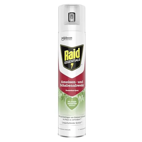 Raid Insektenspray Essentials - 300ml Ameisen- und Schabenabwehr - Effektive Insektenabwehr für Innenräume und Terrassen mit bis zu 4 Wochen Langzeitwirkung. Pflanzenbasierter Wirkstoff schützt vor Ameisen, Schaben, Silberfischen und Kakerlaken.
