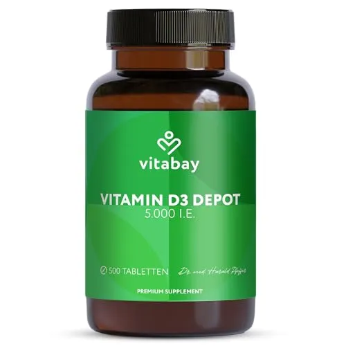 Vitabay Vitamin D3 Depot 5000 I.E. 500 St - Arzneimittel zur Unterstützung des Immunsystems, hochdosierte Depot-Tabletten mit 5000 I.E. für optimale Vitamin D-Versorgung.