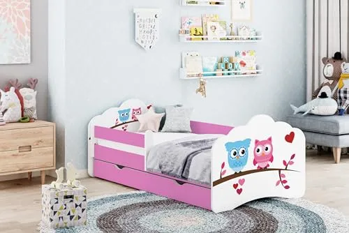 Happy Babies MOBI Kinderbett 160 x 80 mit Schubladen Kinderzimmer Bett mit Rausfallschutz Jugendbett mit Matratze Bett für Mädchen & Jungen mit Eulen Motiv (M28)